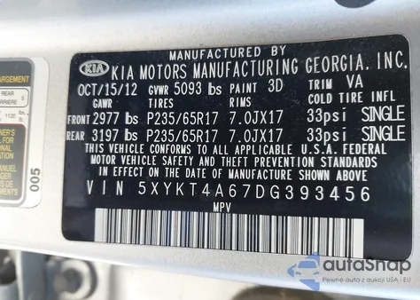 2013 Kia Sorento Lx из США, поврежденный, VIN 5XYKT4A67DG393456